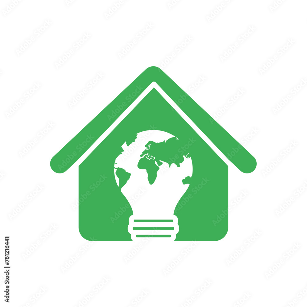 Eco icon. Save the earth. House with lightbulb icon with green planet inside Eco icon. Save the earth. House with lightbulb icon with green planet inside