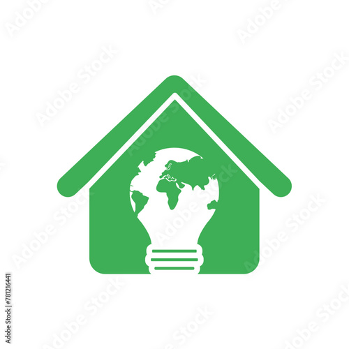 Eco icon. Save the earth. House with lightbulb icon with green planet inside
