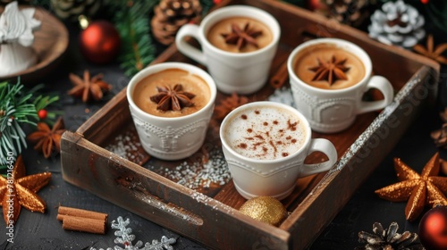 Tray with three coffee cups  topped with cinnamon and star anise