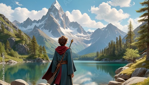 A cloaked figure gazes at a towering mountain across a serene alpine lake, suggesting a quest in a magical realm. AI Generation