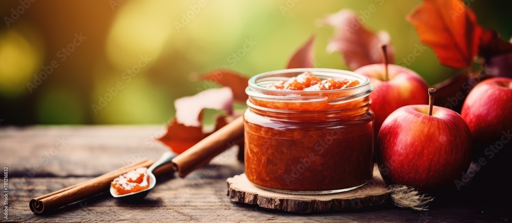 Apples and jam on wooden tabletop Apples and jam on wooden tabletop