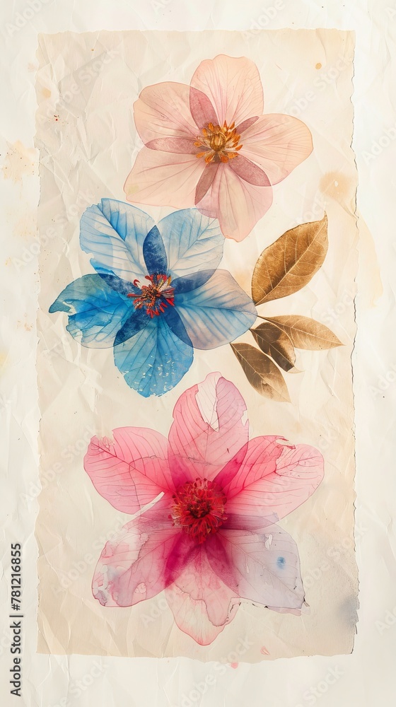 different water color flowers painted in water color, shaped in a square frame