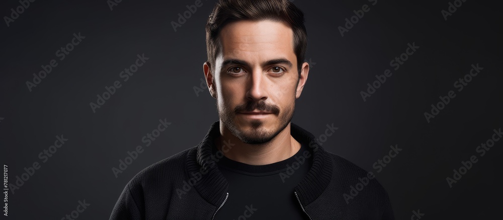 Obraz premium Man in black shirt gazes at camera
