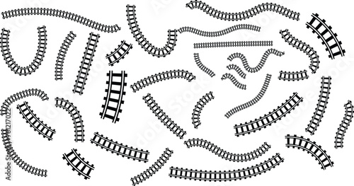 Train railway road set. Rail transport path element collection. Vector isolated on white.
