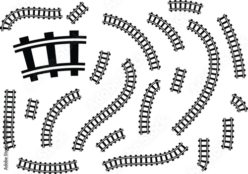 Train railway road set. Rail transport path element collection. Vector isolated on white.