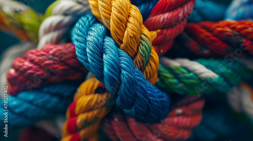 Closeup of colorful thick ropes intertwined in intricate knot, symbolizing unity and strength, community or team work , vibrant color palette, detailed texture, and symbolic imagery