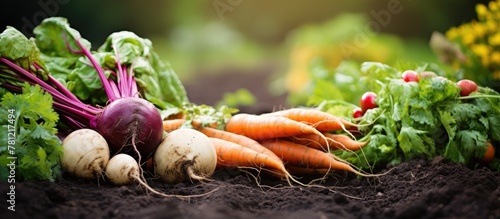 Carrots and radishes pile on garden soil