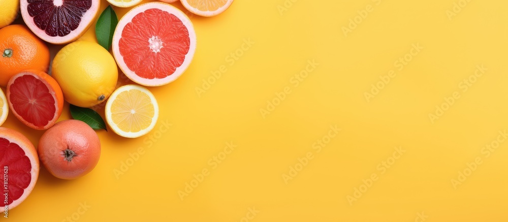 A variety of citrus fruits on yellow backdrop A variety of citrus fruits on yellow backdrop