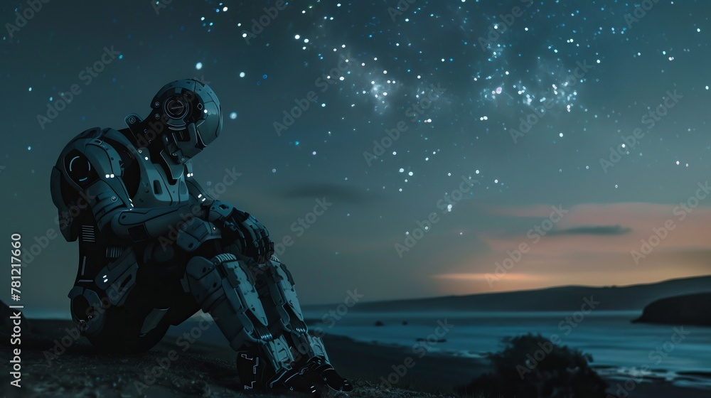 AI robot sitting alone, gazing at a starry night sky
