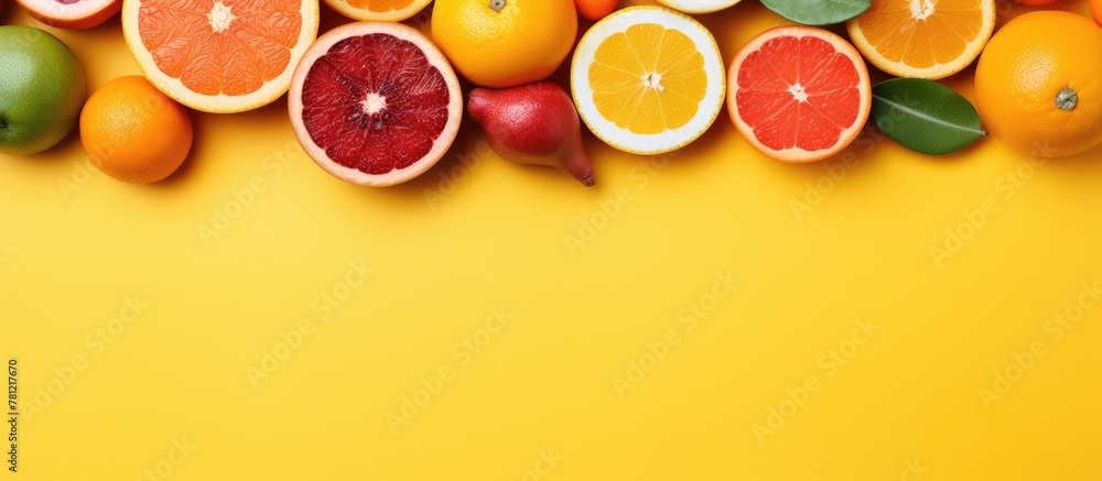 Various citrus fruits and oranges on a yellow backdrop Various citrus fruits and oranges on a yellow backdrop