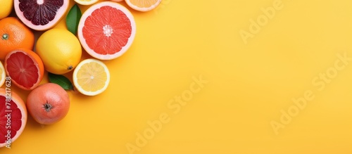 A variety of citrus fruits on yellow backdrop