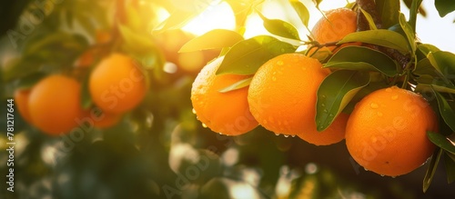 Oranges hanging tree leaves