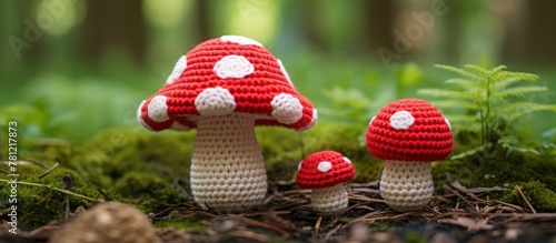 Two crocheted mushrooms on ...