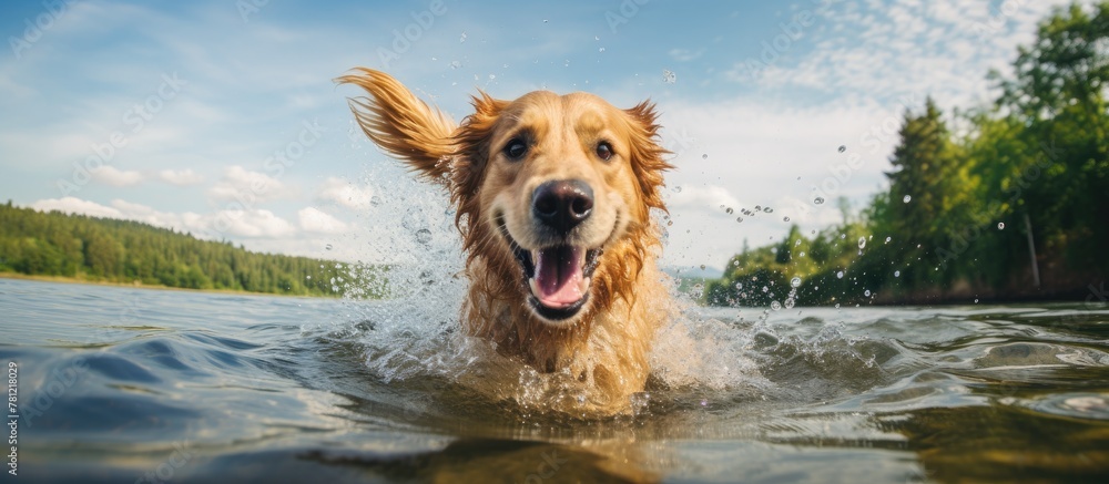 Dog swims in water Dog swims in water