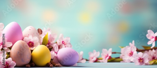 Eggs and flowers on table