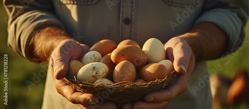 Farmer holding basket of eg...