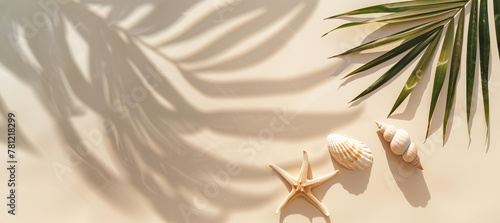  top view of small starfish and two seashells lie on an beige sand background, tropical leaves shadows in minimalistic style,solid color backdrop, natural lighting, serene summer scene with copy space