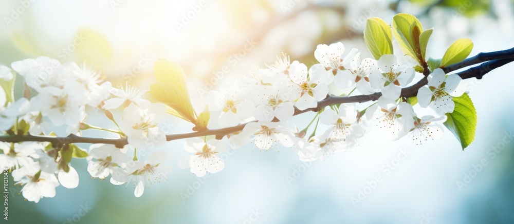 Close up of blooming white flower tree branch