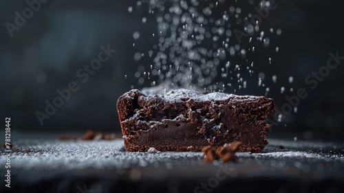 A close-up of a decadent chocolate cake slice