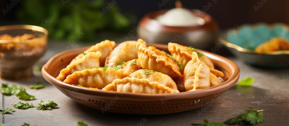 Plate of savory dumplings with garnished sauce Plate of savory dumplings with garnished sauce
