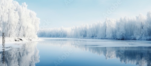 Frozen lake with snow-covered trees © vxnaghiyev