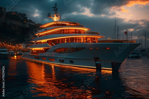 Luxury yacht in port at sunset showcasing modern futuristic design and opulence. Concept Luxury Yacht, Port, Sunset, Modern Design, Opulence © Anastasiia