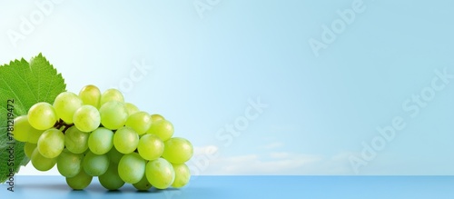 Green grapes with leaf on blue