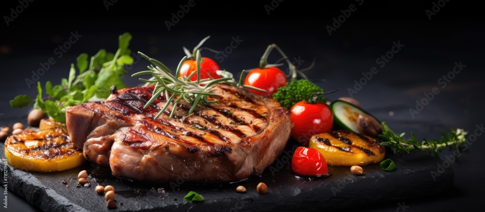 Juicy steak and fresh veggies on dark dish