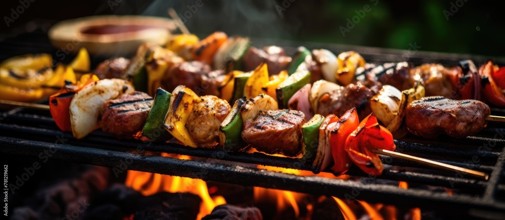 Grilling skewers and vegetables on the barbeque