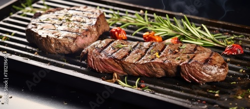 Two sizzling steaks with herbs on a grill