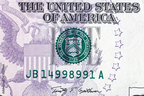 Vintage elements of paper banknotes.Bonistics.Fragment of 5 US dollar banknote for design purpose. United States of America © bukhta79