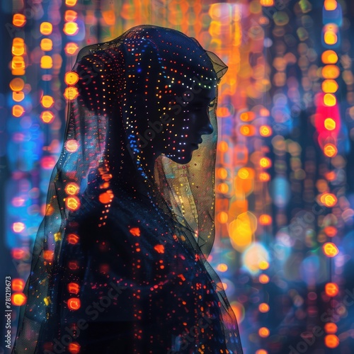 Digital Priestess, Sparkling Robes, Protectors of the Virtual Temple, Roaming the Glitch Gardens, Illuminated by Neon Glow Silhouette Lighting Depth of Field Bokeh Effect photo