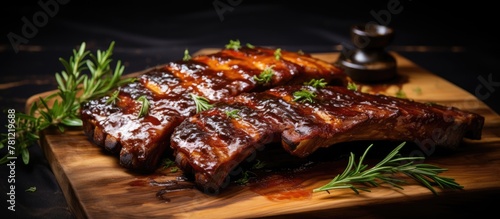 Grilled ribs with sauce and herbs on board