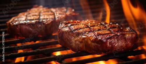 Steaks sizzling on grill amid flames © vxnaghiyev