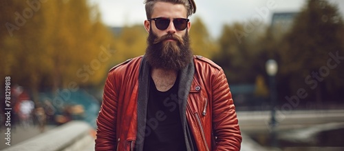Man in leather jacket beard...