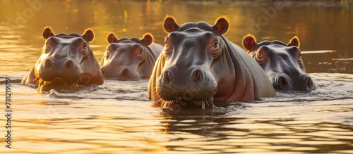 Hippos Swimming in River