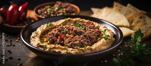 Hummus and pita with peppers close-up