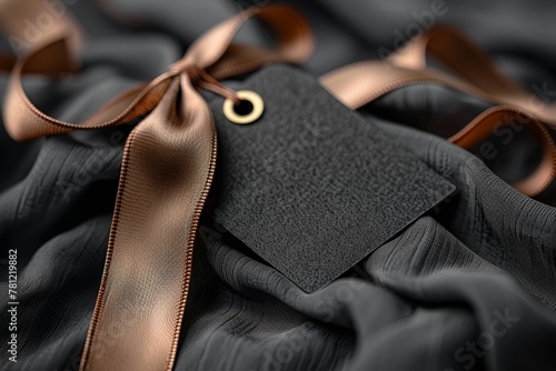 A luxurious black label with satin ribbon, a symbol of elegance and craftsmanship in fashion design photo