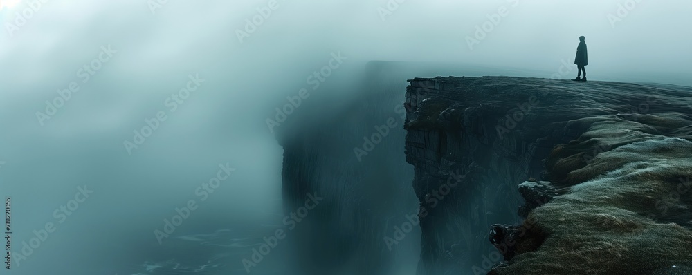 A solitary figure standing at the edge of a mist-shrouded cliff ...