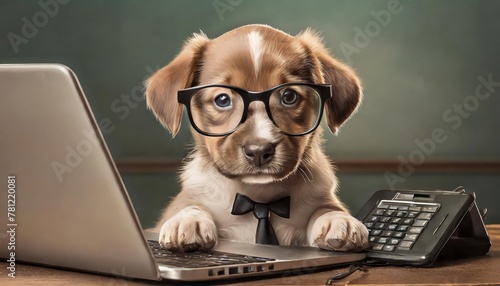 A puppy wearing glasses conducting business with a laptop , generated by AI © tino