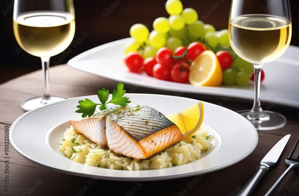 Grilled salmon with lemon and wine in restaurant Grilled salmon with lemon and wine in restaurant