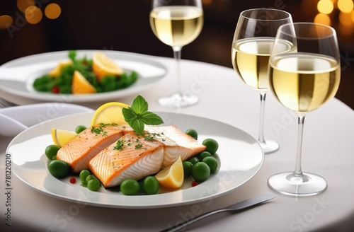 Grilled salmon with lemon and wine in restaurant