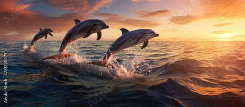 Dolphins leap from ocean during sunset
