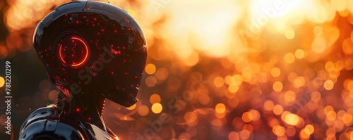 Robot with emotions, created to assist, gains consciousness and questions servitude, facing moral choice between loyalty and autonomy Realistic, Silhouette lighting, Depth of field bokeh effect photo
