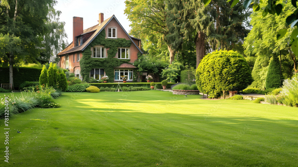 Elegant house with manicured English garden and lush greenery on a sunny day.