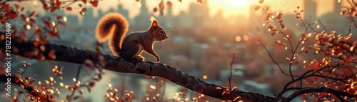 Squirrel, tail, nimble acrobat, leaping between tree branches in a park, cityscape backdrop, 3D render, backlights
