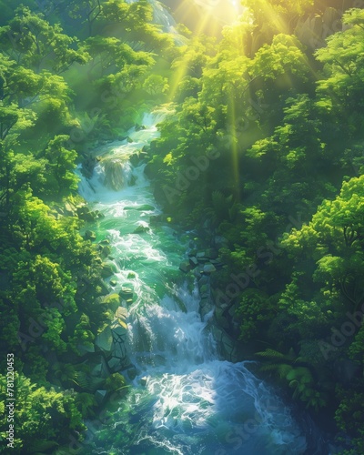 River, flowing water, protectors of nature, surrounded by lush green forests, under the bright sunlight, realistic, golden hour, lens flare