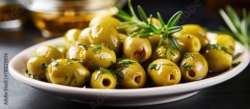 Bowl of olives and rosemary with glass of whisky