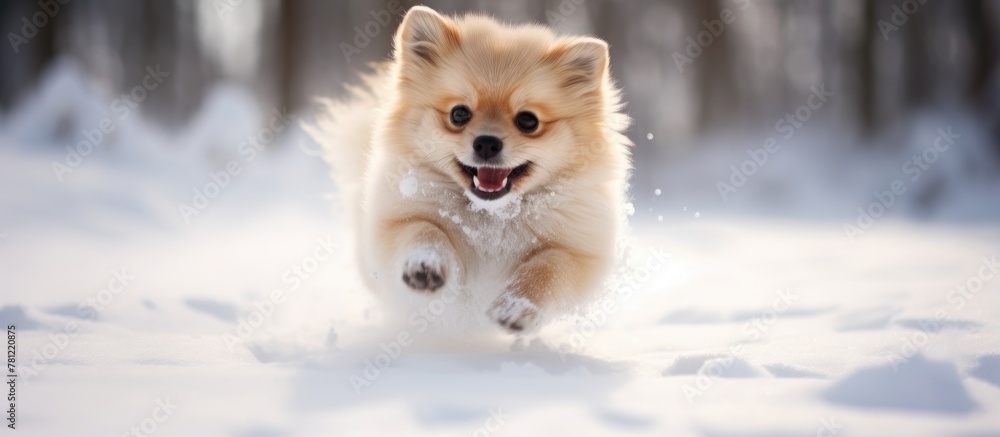 Dog frolicking in snowy wooded area