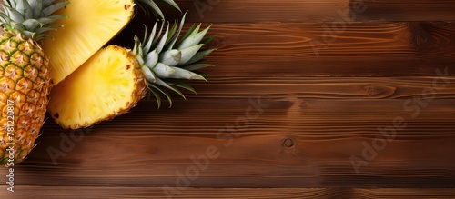 Whole and sliced pineapples on wooden surface